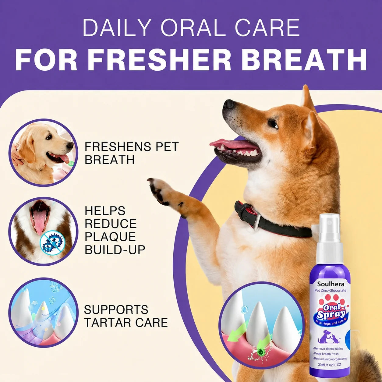 Soulhera™ Advanced Pet Oral Spray | Fresher Breath, Plaque Biofilm & Gum Care — No Brushing