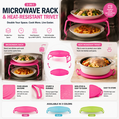 🍽️ 2-in-1 Microwave Rack & Heat-Resistant Trivet – Double Your Microwave Space & Protect Your Table