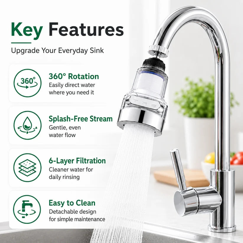 360° Rotating Faucet Filter Aerator – Splash-Free Water Saver with Multi-Layer Filtration & 6 Replacement Filters