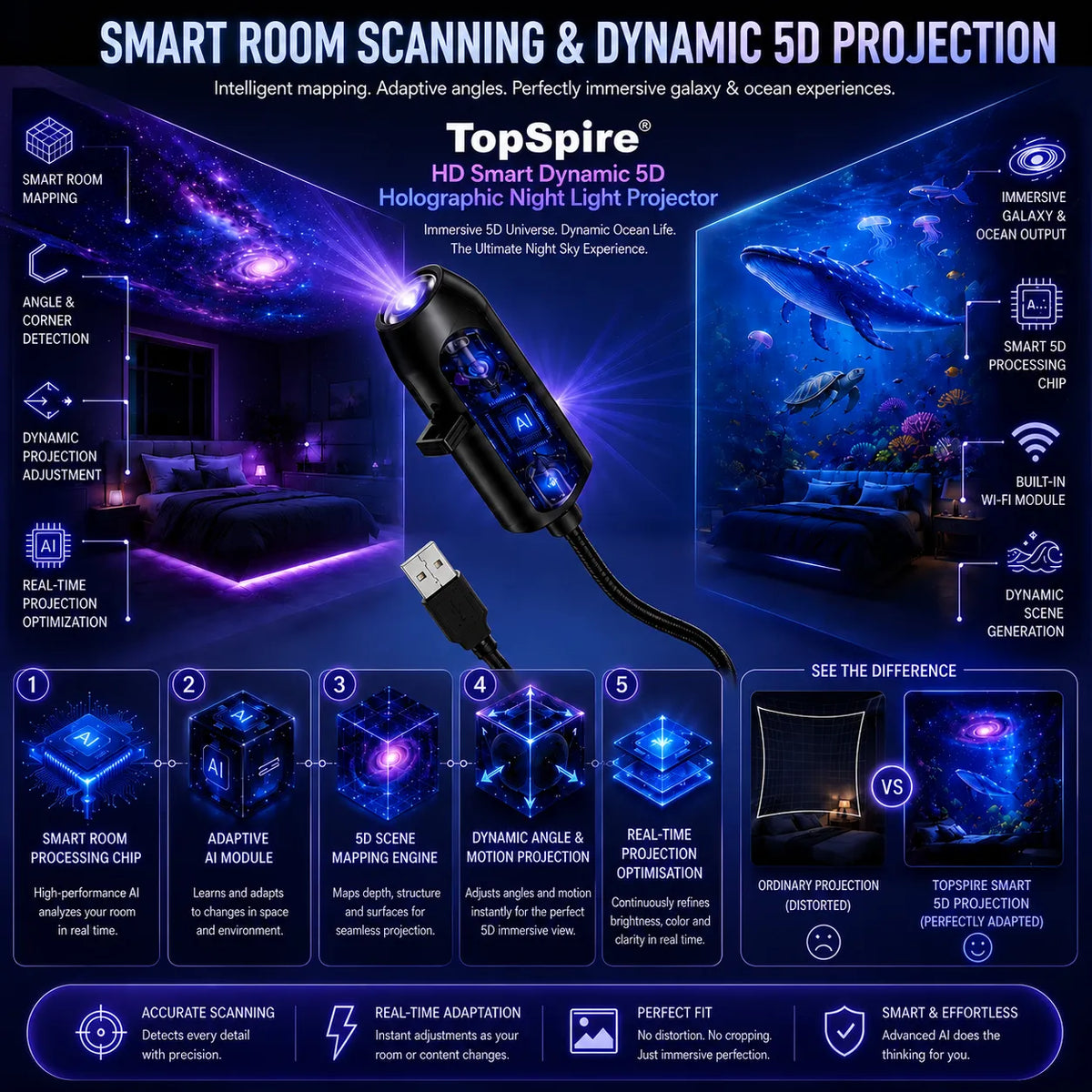 TOPSPIRE® HD Smart Dynamic 5D Holographic Night Light Projector